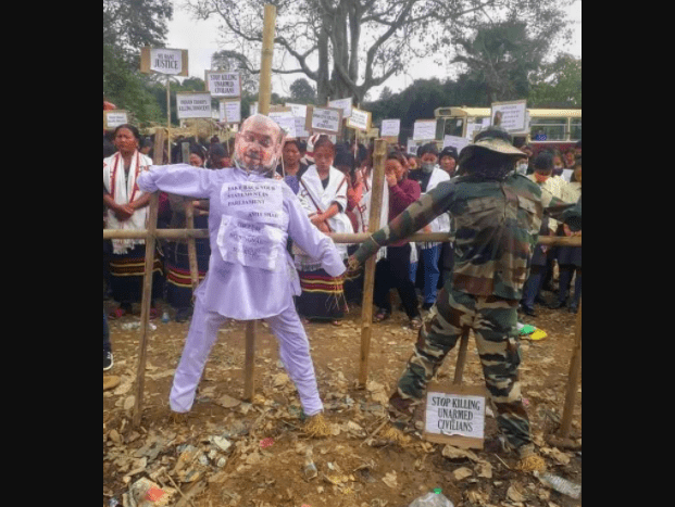The union held massive protests in Mon district and burned Amit Shah’s effigy.